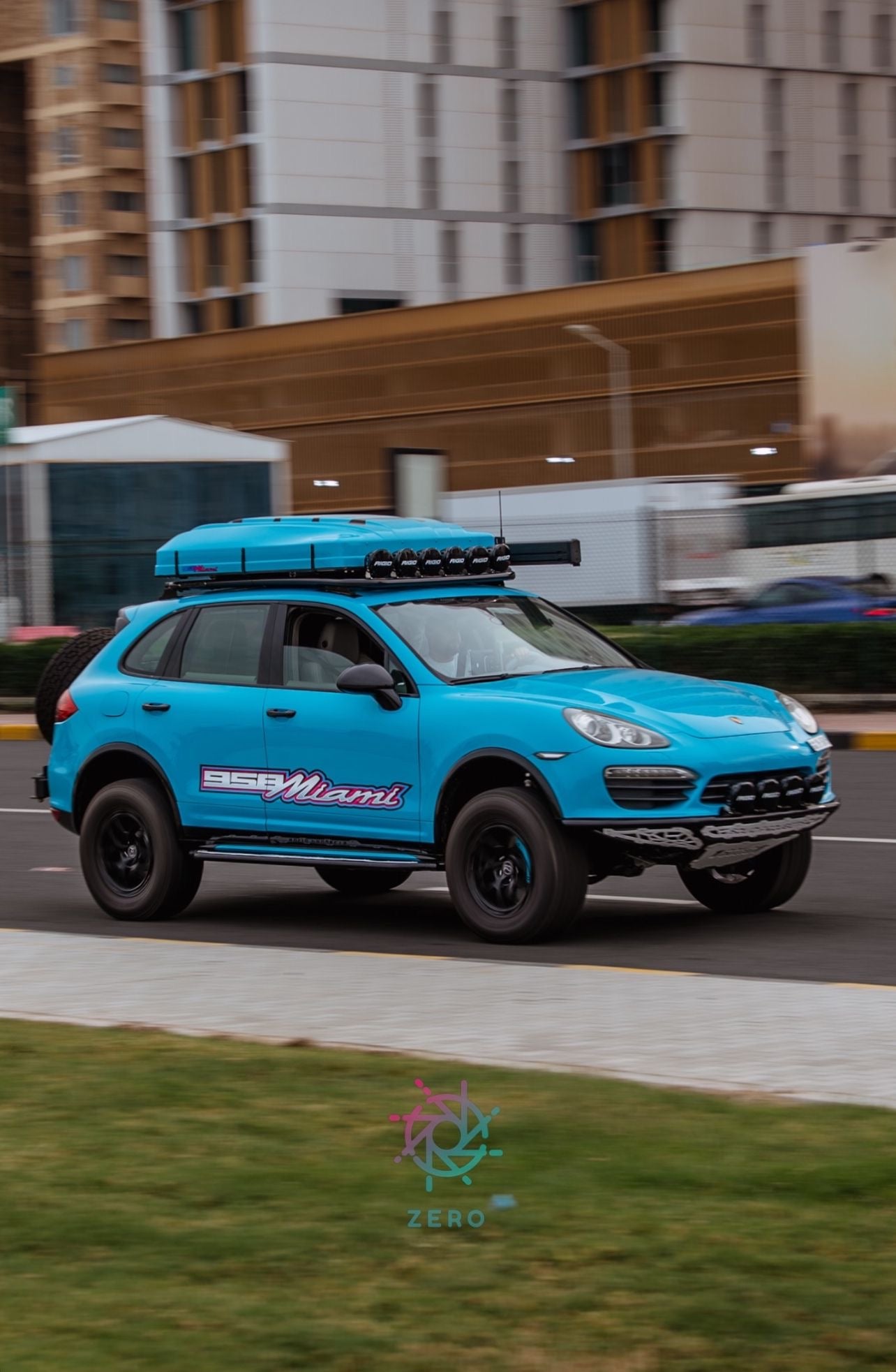 Cayenne 958 miami blue build from kuwait running akioverland bespoke nitrogen coilovers & custom front bumper by solid projects kuwait