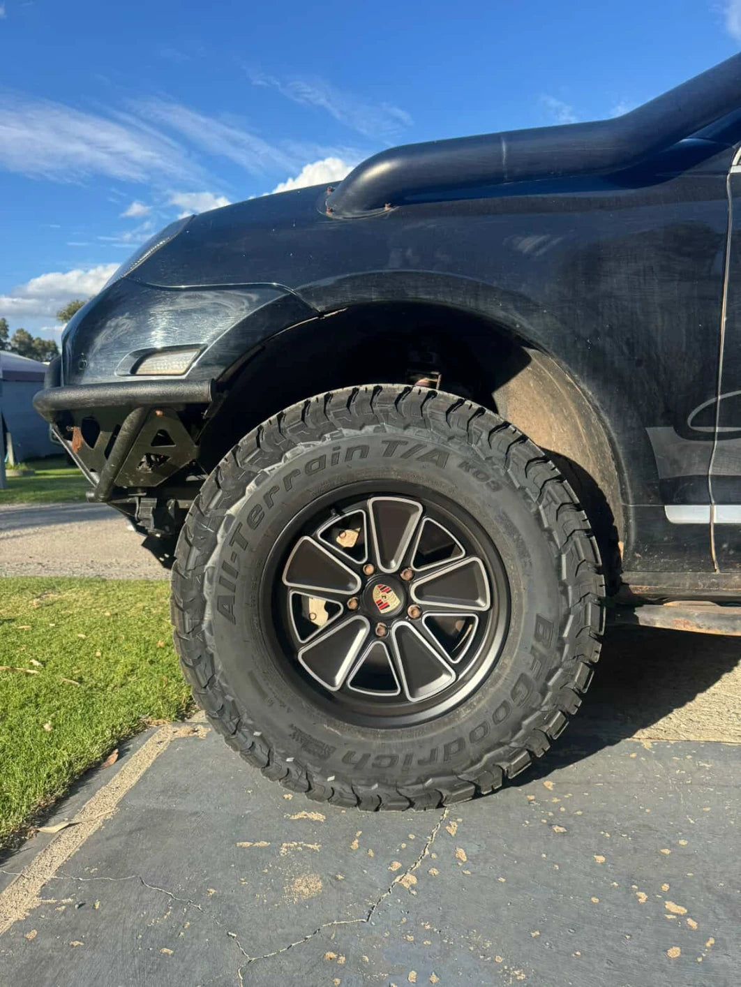 akioverland 5x130 fuch reimagined wheels in satin black on 957 cayenne transaustralia build close up.
