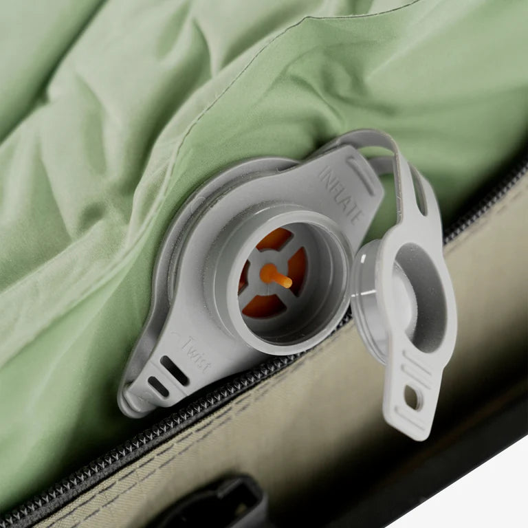 Inspired Overland Stargazer Solo air mattress valve detail, compatible with 1.27 inch pump adapters for fast camp setup