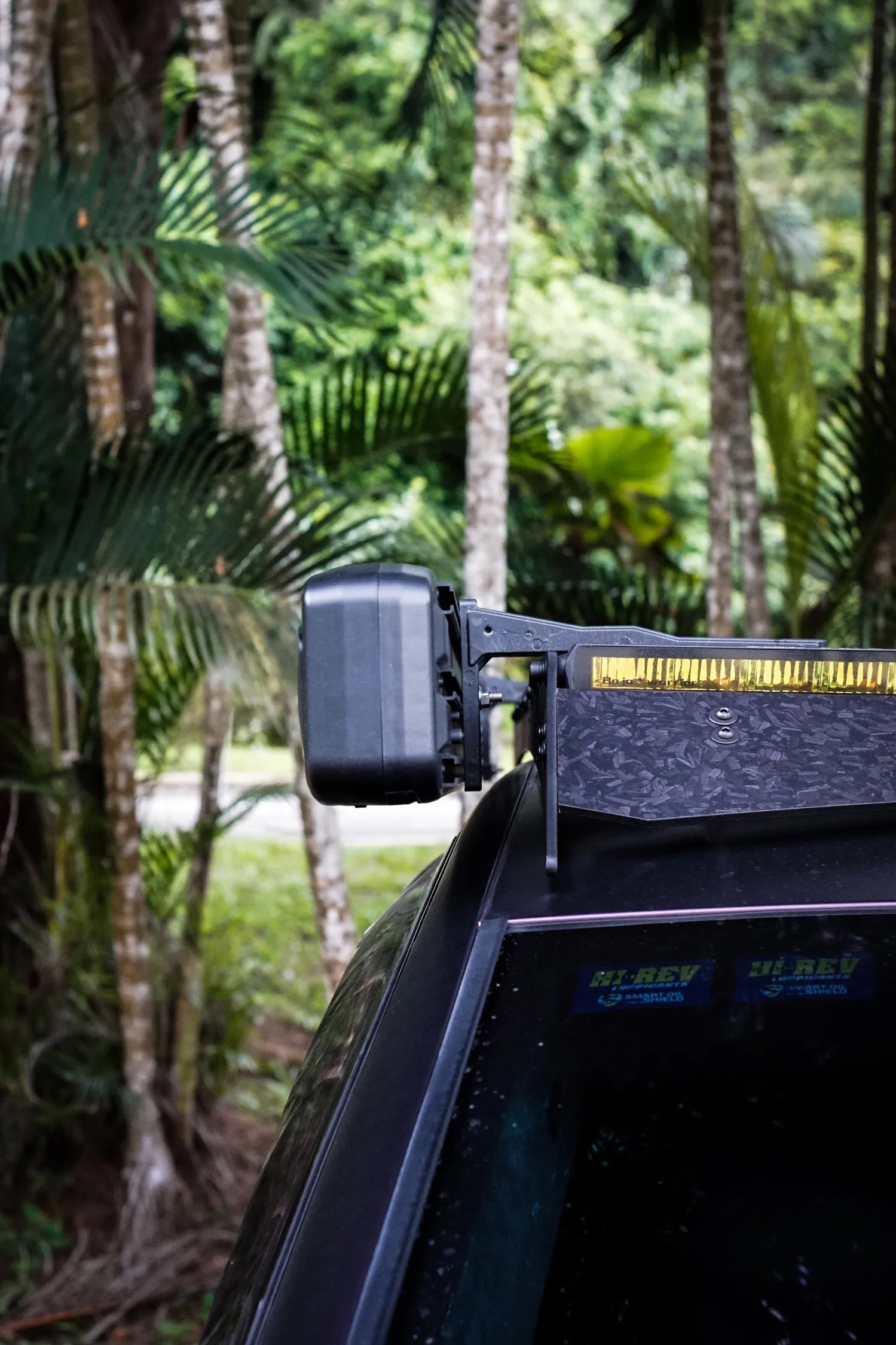 Porsche Cayenne Roof rack system on with palm trees in the background in borneo