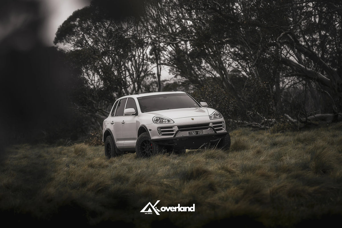 Off-road Porsche Cayenne 957 diesel build running AkiOverland 2.5 inch lift kit and subframe drop for improved drivetrain geometry and off-road durability