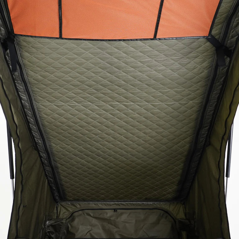 Inspired Overland Stargazer Duo hybrid foam air mattress and interior sleeping area, 4 season rooftop tent