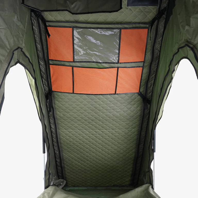 Inspired Overland Stargazer Solo interior with stargazing roof panel closed, insulated setup for cold nights and solo camping comfort