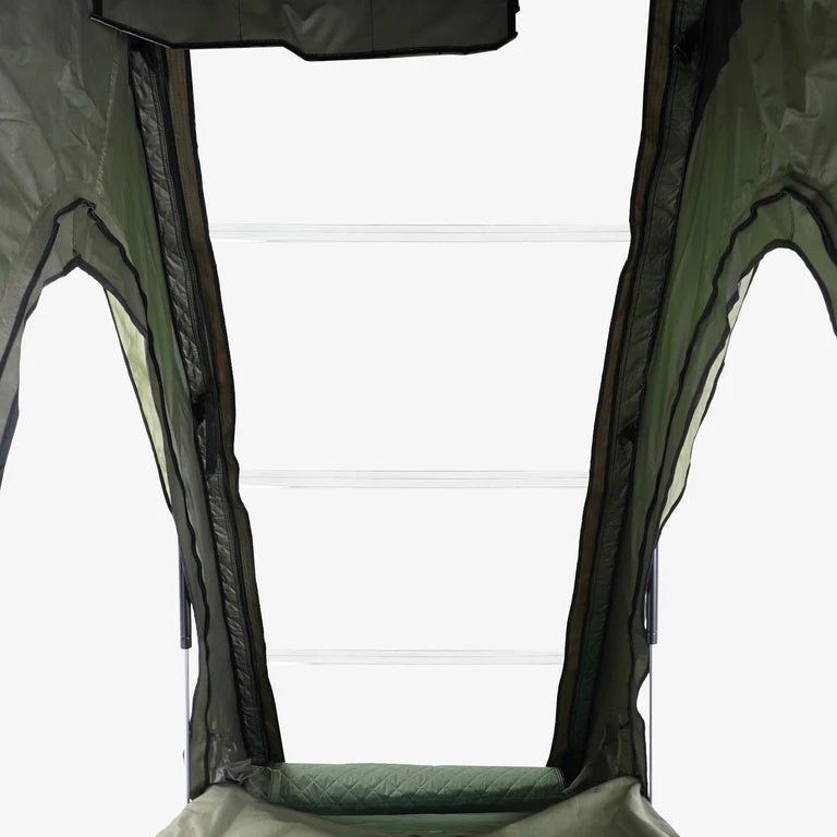 Inspired Overland Stargazer Solo interior open view, clear acrylic roof for stargazing and sunrise views from inside the rooftop tent