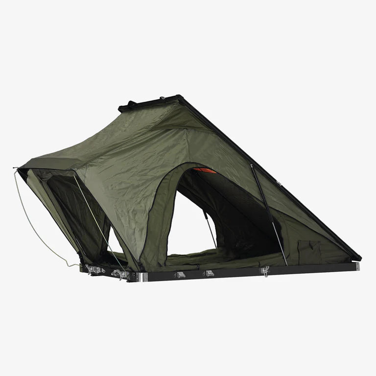 Inspired Overland Stargazer Solo rooftop tent quarter view, lightweight carbon fiber 1 person RTT with full acrylic stargazing roof