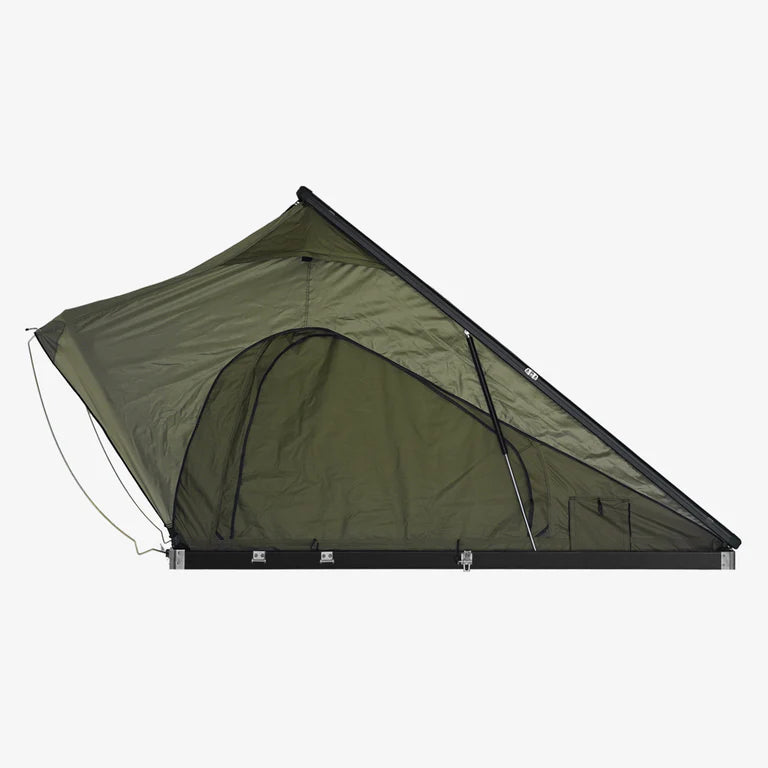 Inspired Overland Stargazer Solo rooftop tent side profile, slim closed height lightweight RTT built for efficient highway and off road use