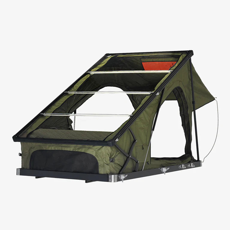 Inspired Overland Stargazer Duo rooftop tent open setup, carbon fiber X hinge design for extra headroom