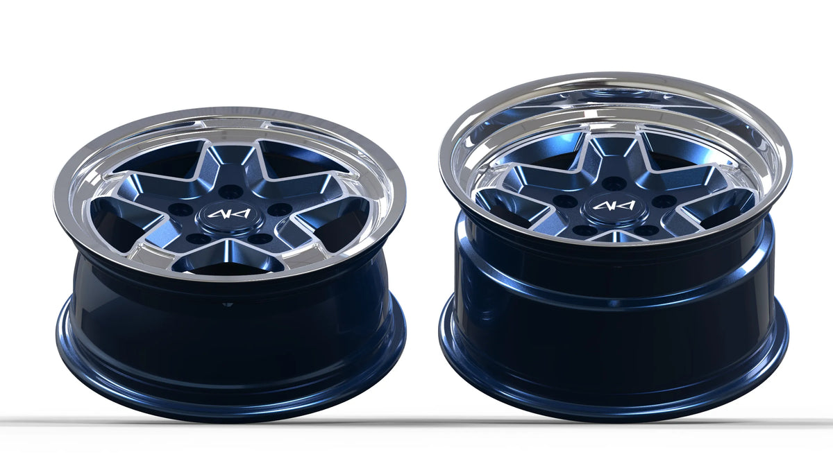 5x130 cookie cutter 2-piece forged wheel, midnight blue face and polished lip, made to order for Porsche 911 builds
