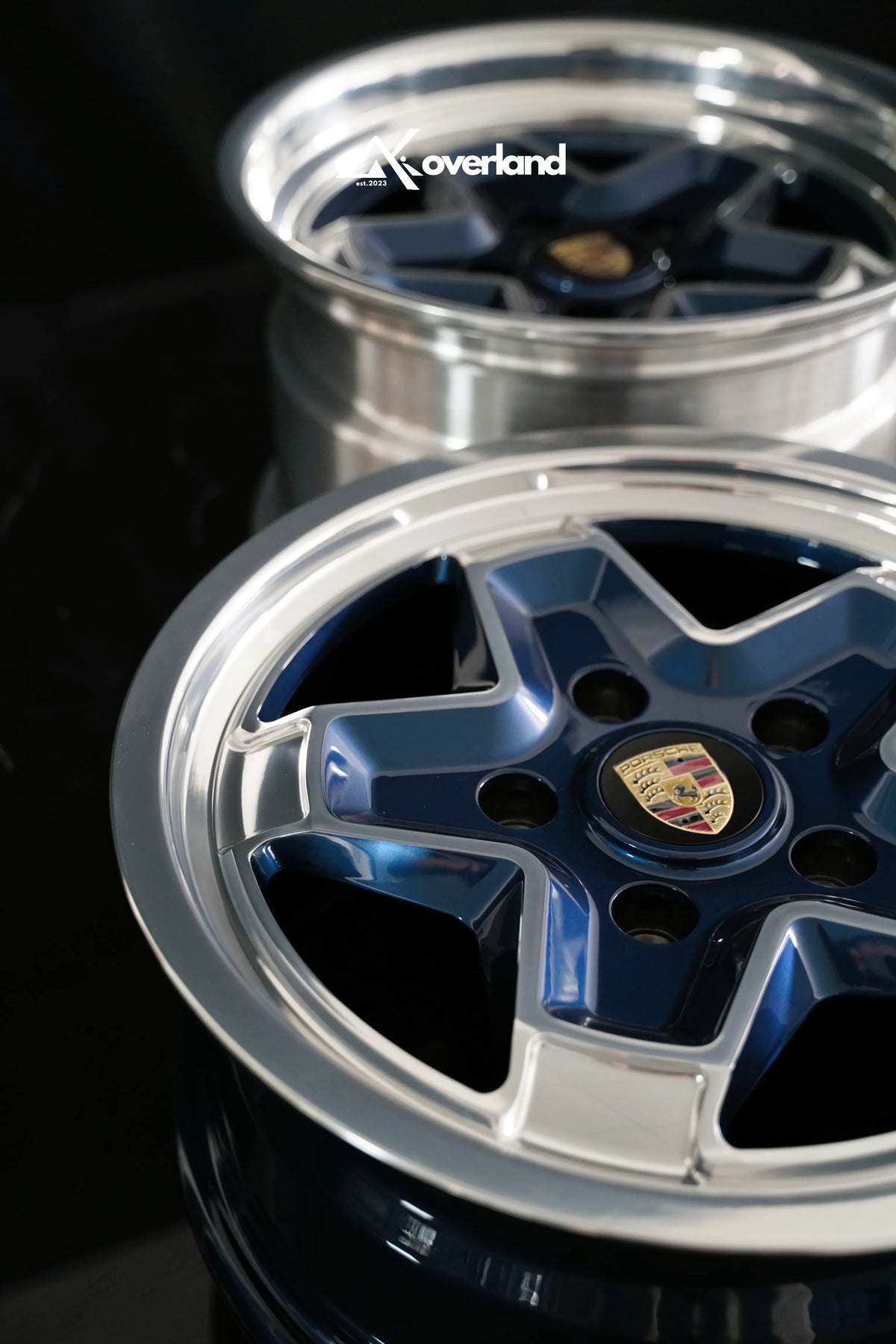 Midnight blue 5x130 forged cookie cutter wheel, 2-piece construction with hidden hardware, AkiOverland Porsche build