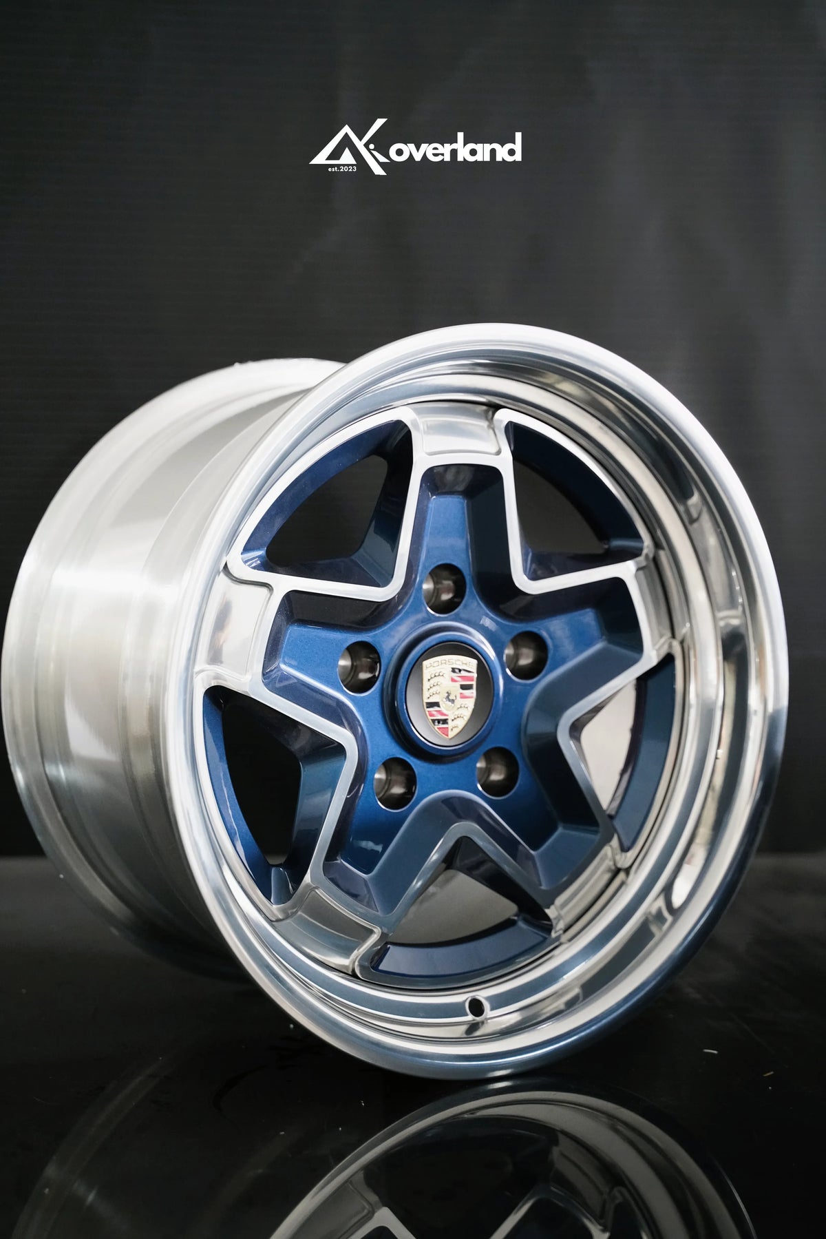 AkiOverland made-to-order 2-piece cookie cutter forged wheel, midnight blue finish, 5x130 Porsche 911 fitment