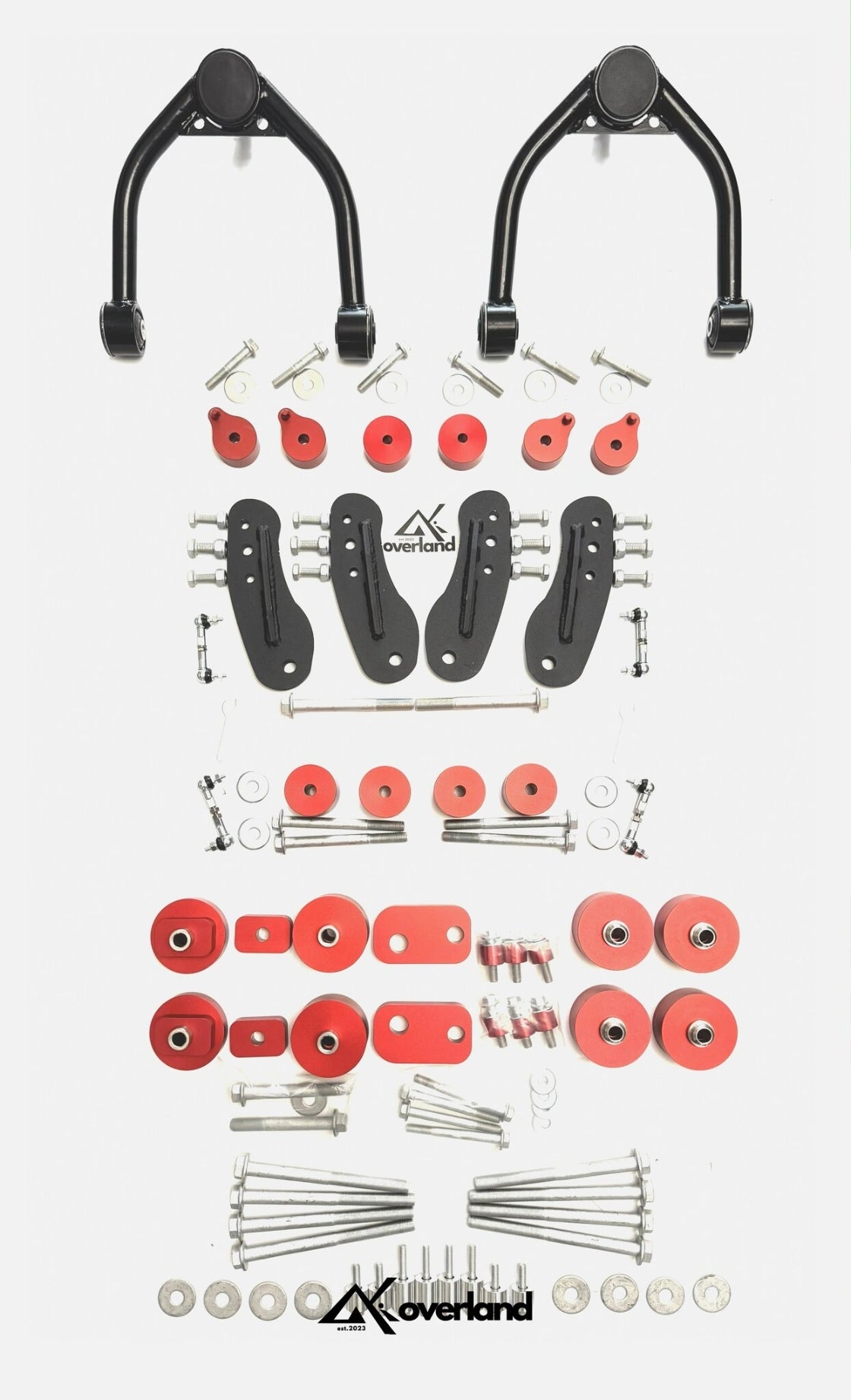 Complete Akioverland 3.5" Flagship Air Lift Kit showing extended struts, UCAs, spacers, and V3 subframe components