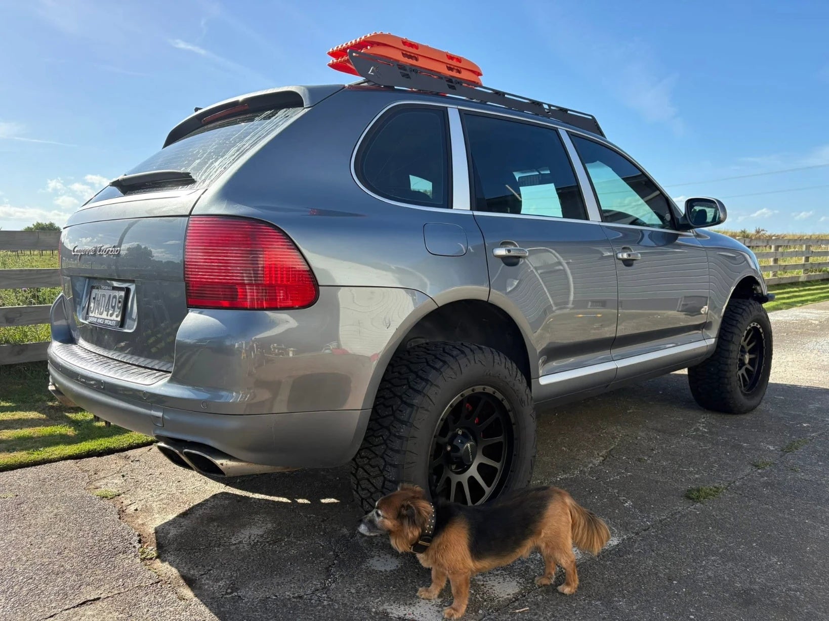 Porsche Cayenne 955 Turbo lifted rear quarter driveway view