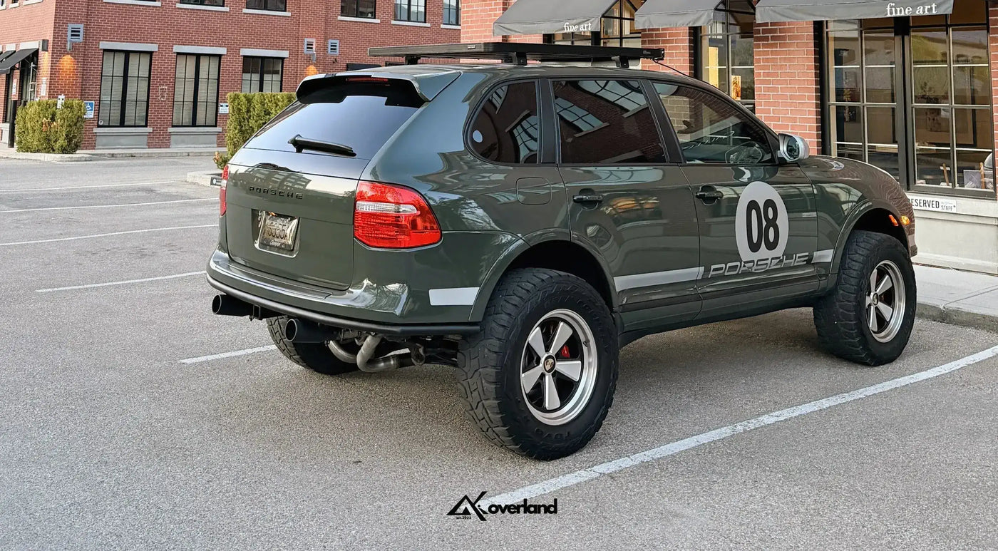 Porsche Cayenne 957 fitted with Akioverland roof rack and 5x130 forged Fuchs-style wheels for overland use.
