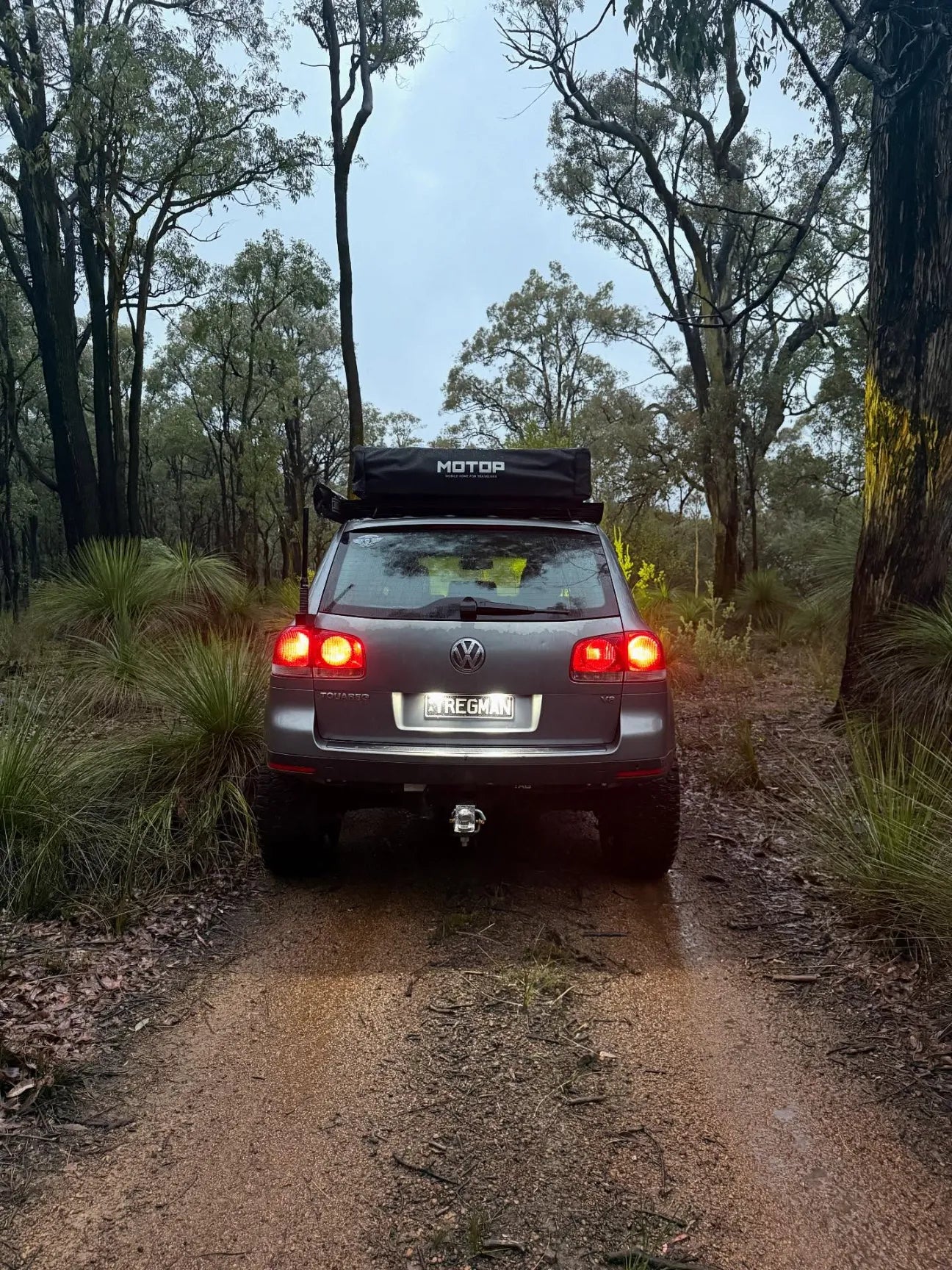 Lifted Touareg 7L driving forest trail overland build Perth Australia