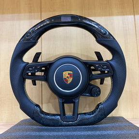 akioverland 992 style custom carbon fibre steering wheel with rev indicator and drive select for most porsche vehicle
