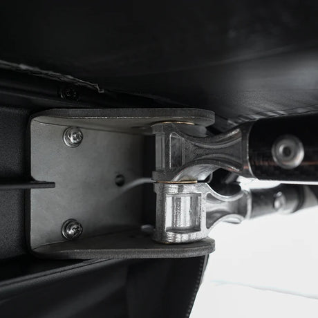 Inspired Overland 180 awning hinge mount hardware close up carbon frame detail