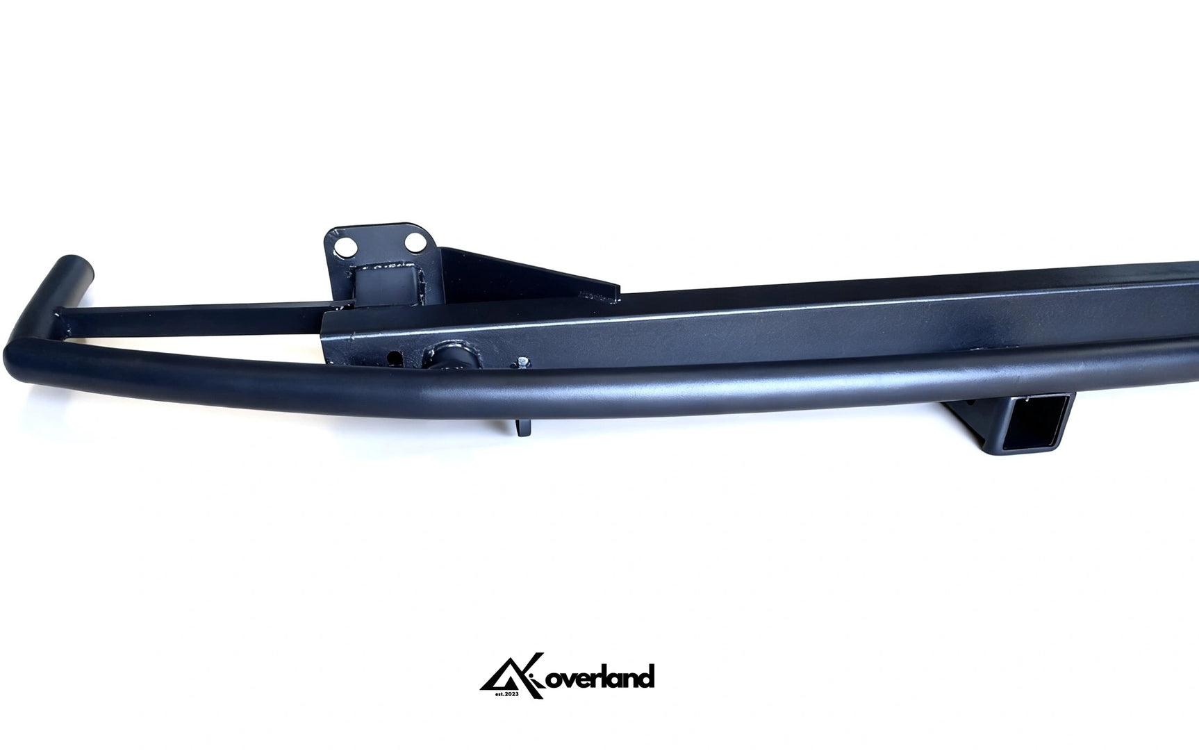 Square recovery point detail on 957 tubular bumper with reinforced welds for heavy-duty off-road recovery