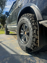 akioverland 5x130 fuch reimagined wheels in satin black on 957 cayenne transaustralia build close up. 