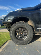 akioverland 5x130 fuch reimagined wheels in satin black on 957 cayenne transaustralia build close up. 