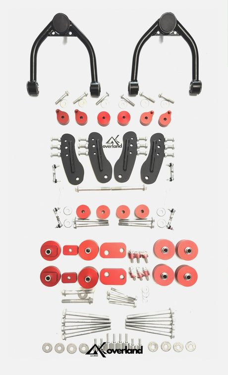 Complete 3.5 inch suspension lift system showing extended struts, UCAs, spacers and V3 subframe components