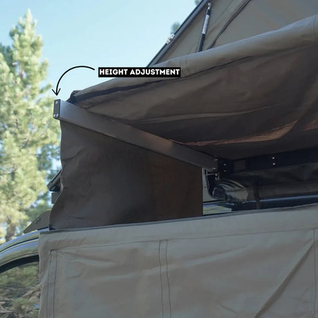 Inspired Overland shower awning adjustable height privacy shelter mounted on overland vehicle