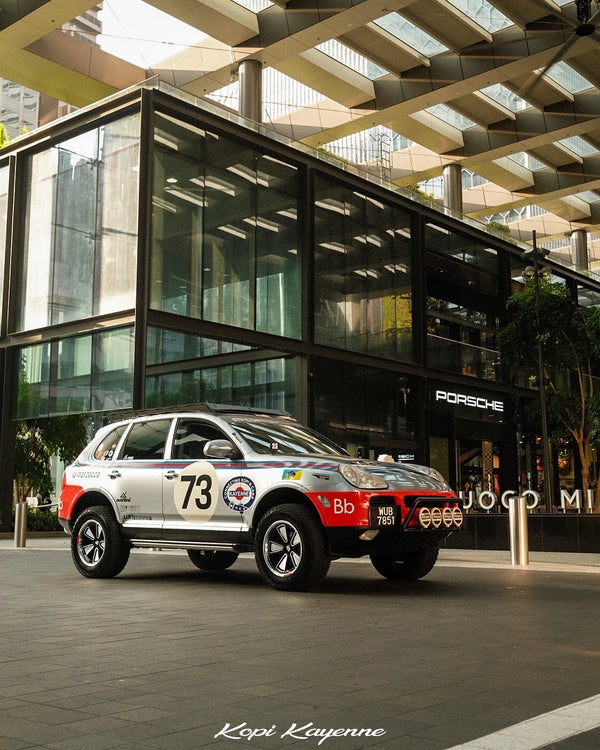 Kopi Kayenne Porsche Cayenne overland build from Malaysia on Akioverland Fuchs reimagined wheels, showcased at Singpore Porsche showroom