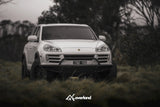 AkiOverland lifted Porsche Cayenne 957 diesel with 2.5 inch steel spring lift kit, subframe drop system and heavy-duty winch-ready tubular bumper