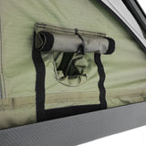Inspired Overland rooftop tent cover strap close up, protective travel cover hardware for secure transport and weather resistance