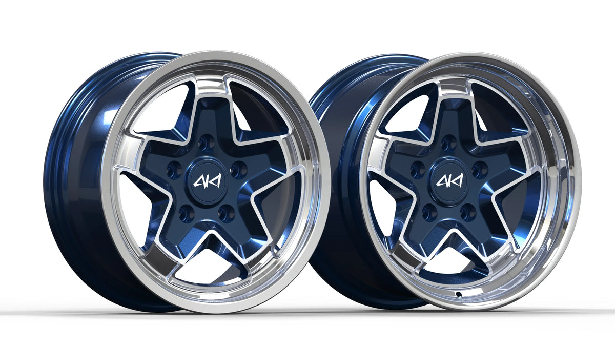 AkiOverland 5x130 2-piece forged cookie cutter wheel in midnight blue with machined polished lip for Porsche 911