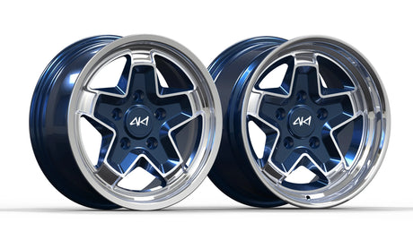 AkiOverland 5x130 2-piece forged cookie cutter wheel in midnight blue with machined polished lip for Porsche 911
