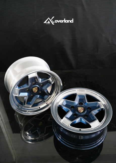 AkiOverland 2-piece forged cookie cutter wheel, midnight blue centre and machined polished lip, 5x130 Porsche fitment