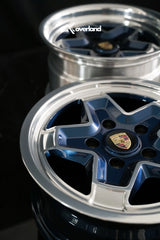 Midnight blue 5x130 forged cookie cutter wheel, 2-piece construction with hidden hardware, AkiOverland Porsche build