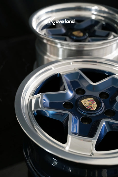 Midnight blue 5x130 forged cookie cutter wheel, 2-piece construction with hidden hardware, AkiOverland Porsche build