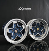 AkiOverland 5x130 cookie cutter wheel in midnight blue, 2-piece forged with hidden hardware for widebody Porsche 911