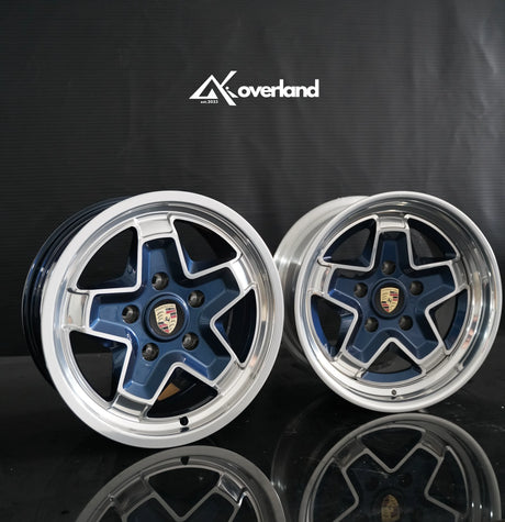 AkiOverland 5x130 cookie cutter wheel in midnight blue, 2-piece forged with hidden hardware for widebody Porsche 911