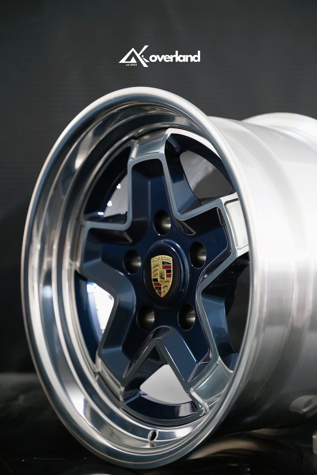 Classic cookie cutter design as a 2-piece forged wheel in midnight blue, 5x130 Porsche fitment by AkiOverland