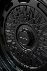 Close-up of the Akioverland 5x130 Aki Forged 04 Mesh wheel pattern in matte black, precision offroad design