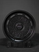 Akioverland 5x130 Aki Forged 04 Mesh wheel in matte black, front angle on display stand — fits Porsche, VW & Audi