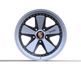 Staggered set of AkiOverland 5x130 VLD 2-piece Fuchs wheels in satin Crayon grey for widebody Porsche 911