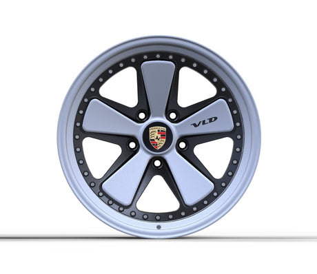 Staggered set of AkiOverland 5x130 VLD 2-piece Fuchs wheels in satin Crayon grey for widebody Porsche 911