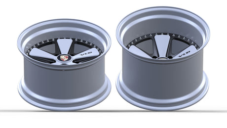 Deep concave face of the AkiOverland 5x130 VLD 2-piece forged Fuchs wheel in satin Crayon grey