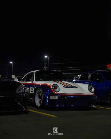 Widebody Porsche 911 964 on AkiOverland 5x130 VLD 2-piece forged Fuchs wheels in satin Crayon grey