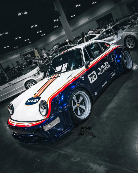 Widebody Porsche 964 with livery on satin Crayon grey VLD 2-piece Fuchs wheels by AkiOverland