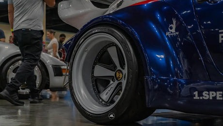 Satin Crayon grey VLD 2-piece forged Fuchs wheels on a liveried widebody Porsche 964, AkiOverland