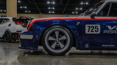 AkiOverland 5x130 VLD 2-piece Fuchs wheels in satin Crayon grey on a widebody Porsche 911 build