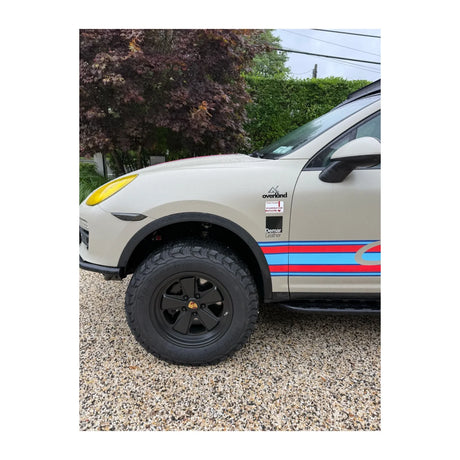 Lifted AkiOverland Cayenne 958 build running satin black Classic Fuchs forged wheels, tubular bumper and roof rack