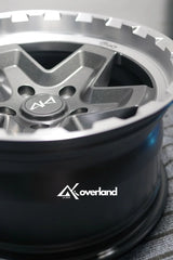 Akioverland 5x130 Forged Cookie Cutter Rugged wheel in 2 Tone finish, close three-quarter view with the machined lip highlighted