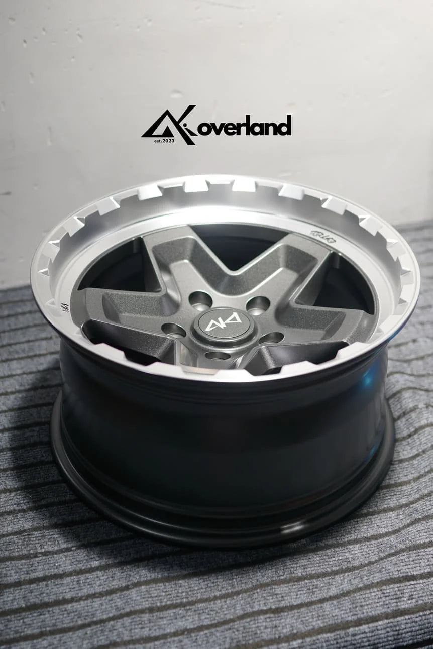 Akioverland 5x130 Forged Cookie Cutter Rugged wheel in 2 Tone finish, three-quarter view showing face and barrel