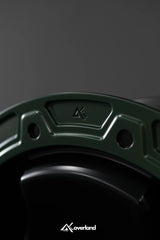 AkiOverland Peaks 5x120 forged 3 spoke range rover wheel branding and engraving detail close up