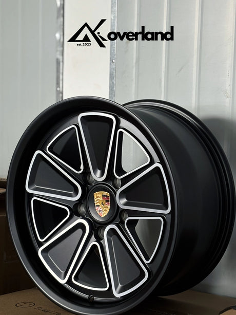 Custom Porsche forged wheels available in multiple finishes, 5x130 bolt pattern with reimagined Fuchs-inspired design